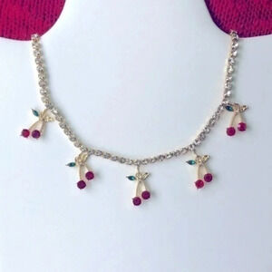 Gold Rhinestone Cherry Choker Necklace NWT